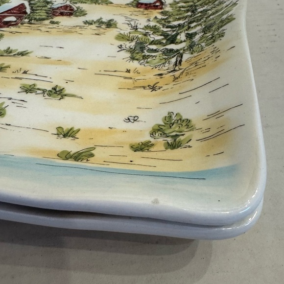 Maxcera SNOWVILLE Square Dinner Plate Winter Snowy Forest House Evergreen Set 2 - Picture 13 of 16